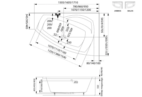 Claudia aszimmetrikus akril kád 150x100 balos
