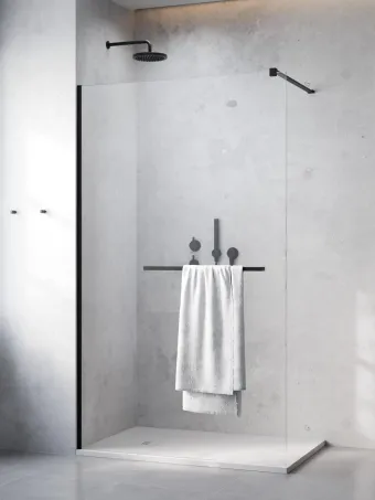 Modo New Black II Walk-in fekete zuhanyfal törölközőtartóval 125 átlátszó