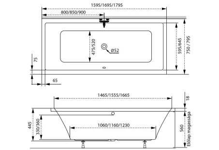 Sabina Slim egyenes akril kád 170x75