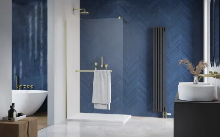 Modo New Brushed Gold II Walk-in szálcsiszolt arany zuhanyfal törölközőtartóval 110 átlátszó