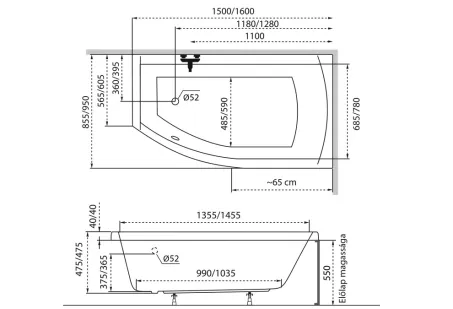 Minima aszimmetrikus akril kád 160x95 balos