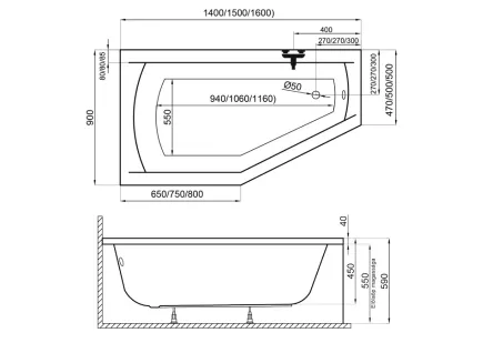 Venus aszimmetrikus akril kád 160x90 jobbos