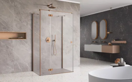 Essenza Brushed Copper ﻿KDJ+S ﻿szögletes ﻿szálcsiszolt réz zuhanykabin 90x110 átlátszó jobbos