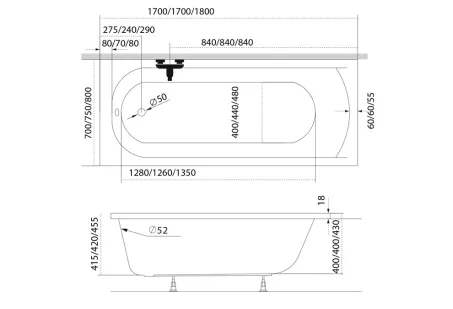 Mira Slim egyenes akril kád 170x75