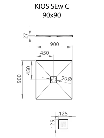 Kios SEw C szögletes lapos zuhanytálca 90x90 fehér, ajándék szifonnal