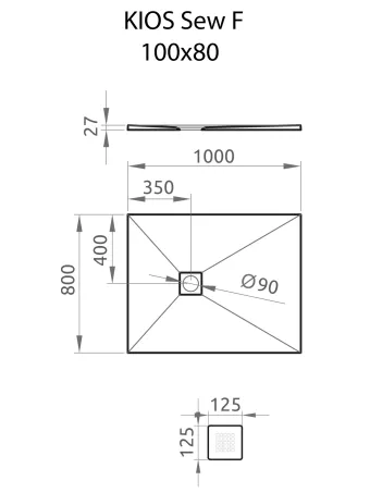 Kios SEw F szögletes lapos zuhanytálca 100x80 fehér, ajándék szifonnal