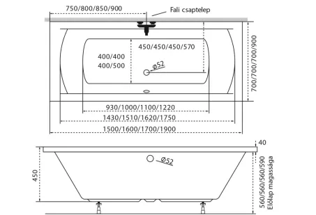 Helena egyenes akril kád 190x90