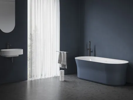 Ypsilon 180x80, akrilkád, Deepsea Blue/fehér, szabadonálló, fehér/fekete/króm lefolyó