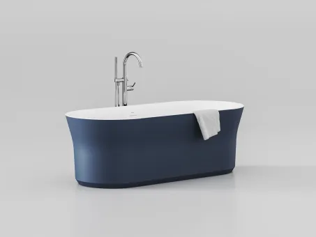 Ypsilon 180x80, akrilkád, Deepsea Blue/fehér, szabadonálló, fehér/fekete/króm lefolyó