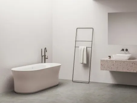 Ypsilon 180x80, akrilkád, Alabaster Pink/fehér, szabadonálló, fehér/fekete/króm lefolyó