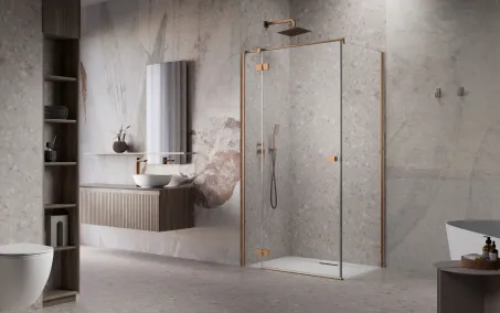 Essenza Brushed Copper ﻿KDJ szögletes ﻿szálcsiszolt réz zuhanykabin 120x120 balos átlátszó