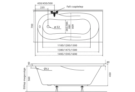 Nora egyenes akril kád 170x70