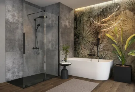 Harmony különleges akril kád 159x84 fekete előlappal, króm lefolyóval, balos