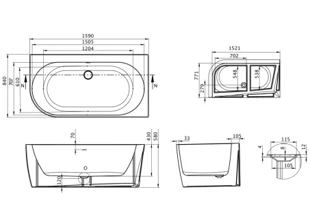Harmony különleges akril kád 159x84 fekete előlappal, fehér lefolyóval, jobbos