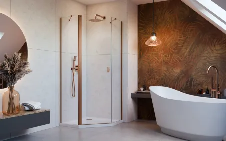 Nes Brushed Copper PTJ szögletes szálcsiszolt réz zuhanykabin 80x80 átlátszó jobbos