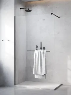 Modo New Black II Walk-in fekete zuhanyfal törölközőtartóval 100 átlátszó