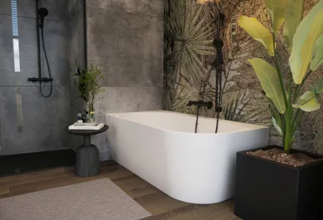 Harmony különleges akril kád 159x84 fekete előlappal, króm lefolyóval, jobbos