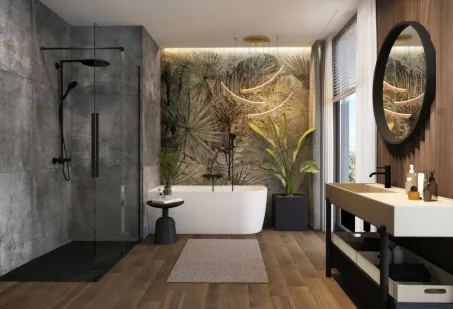 Harmony különleges akril kád 159x84 fekete előlappal, króm lefolyóval, jobbos