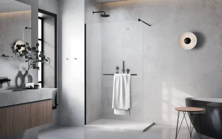 Modo New Black II Walk-in fekete zuhanyfal törölközőtartóval 105 átlátszó