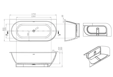 Lily különleges műmárvány kád 175x82 fekete előlappal, balos