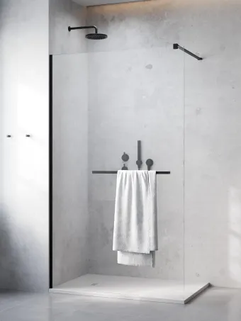Modo New Black II Walk-in fekete zuhanyfal törölközőtartóval 160 átlátszó