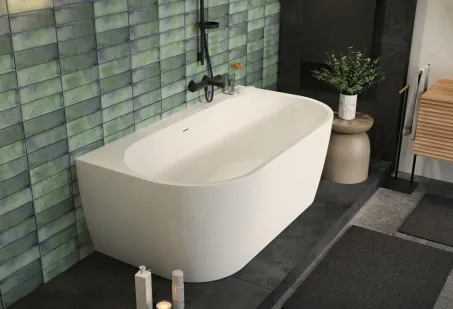 New Velvet különleges akril kád 160x85 fekete előlappal, fehér lefolyóval