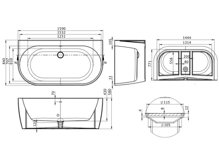 New Velvet különleges akril kád 160x85 fehér előlappal, króm lefolyóval