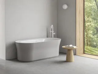 Ypsilon 180x80, akrilkád, Smoke Grey/fehér, szabadonálló, fehér/fekete/króm lefolyó