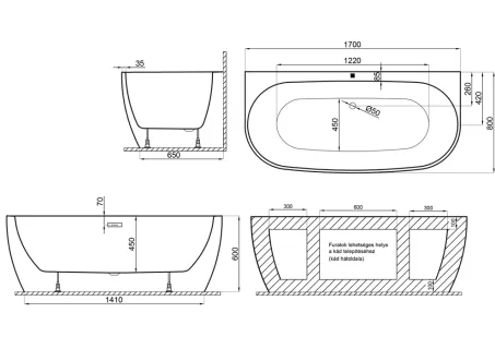 Avalon különleges akril kád 170x80 mattfekete előlappal