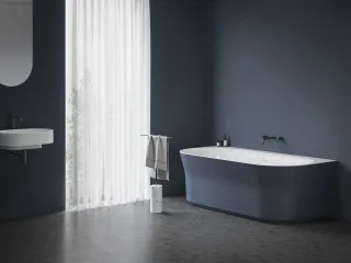 Ypsilon Wall 178x86, akrilkád, Deepsea Blue/fehér, szabadonálló, fehér/fekete/króm lefolyó