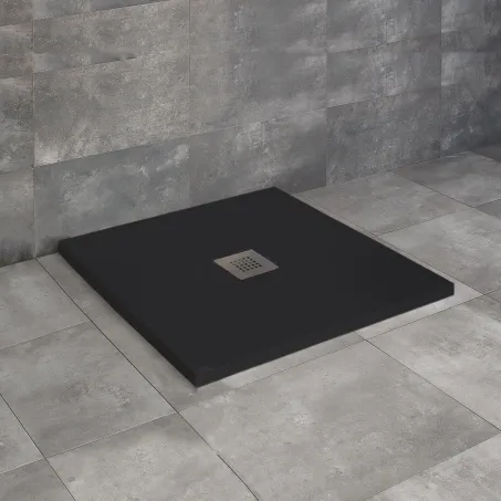 Kios C szögletes lapos fekete zuhanytálca 90x90 fekete, ajándék szifonnal