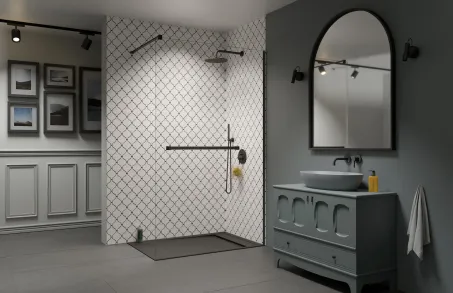 Modo New Brushed Gunmetal II Walk-in szálcsiszolt fegyvermetál zuhanyfal törölközőtartóval 95 átlátszó