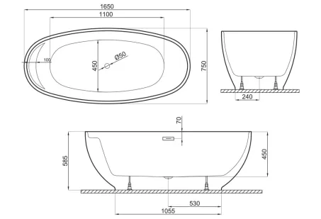 Zen szabadon álló akril kád 165x75 mattfekete előlappal