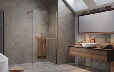 Modo New Brushed Copper II Walk-in szálcsiszolt réz zuhanyfal törölközőtartóval 110 átlátszó