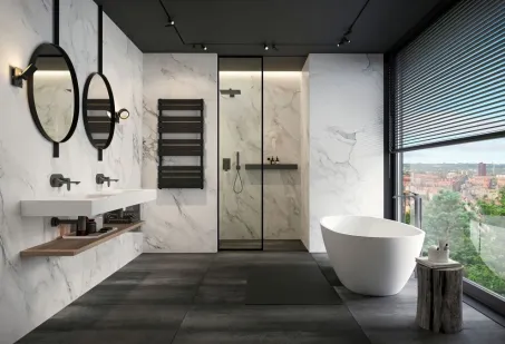 Vanilla szabadon álló műmárvány kád fekete előlappal