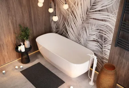 Violet szabadon álló műmárvány kád fekete előlappal