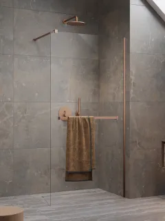 Modo New Brushed Copper II Walk-in szálcsiszolt réz zuhanyfal törölközőtartóval 90 átlátszó