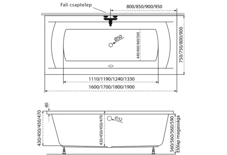 Noé egyenes akril kád 170x75