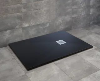 Kios F szögletes lapos fekete zuhanytálca 140x80 fekete, ajándék szifonnal