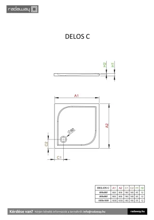 Delos C szögletes lapos zuhanytálca 90x90 fehér ajándék szifonnal