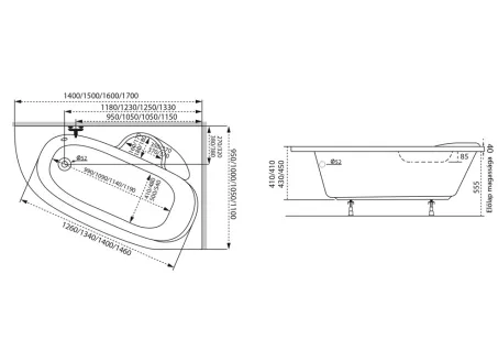 Daria aszimmetrikus akril kád 140x95 balos