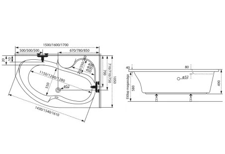 Azalia aszimmetrikus akril kád 170x105 balos