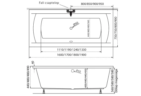 Noé egyenes akril kád 180x80