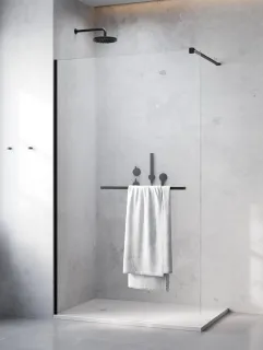Modo New Black II Walk-in fekete zuhanyfal törölközőtartóval 90 átlátszó